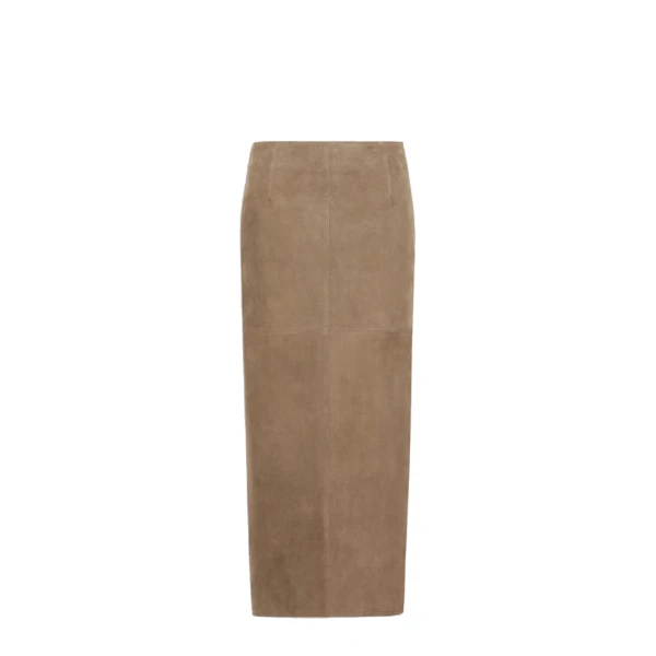 Max Mara Palmi Suede Midi Skirt in Khaki | Leather Skirts | Coveti