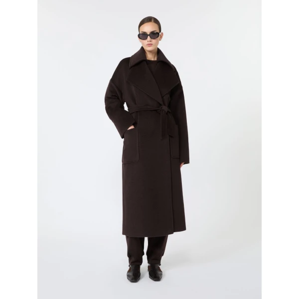 Max Mara Panda Wool, Alpaca and Cashmere Robe Coat in Dark Brown | Wool Coat | Coveti