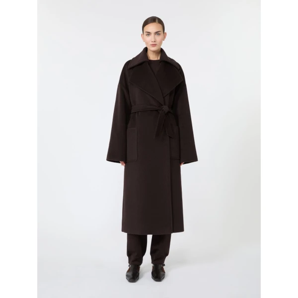 Max Mara Panda Wool, Alpaca and Cashmere Robe Coat in Dark Brown | Wool Coat | Coveti