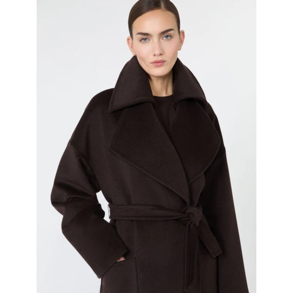 Max Mara Panda Wool, Alpaca and Cashmere Robe Coat in Dark Brown | Wool Coat | Coveti