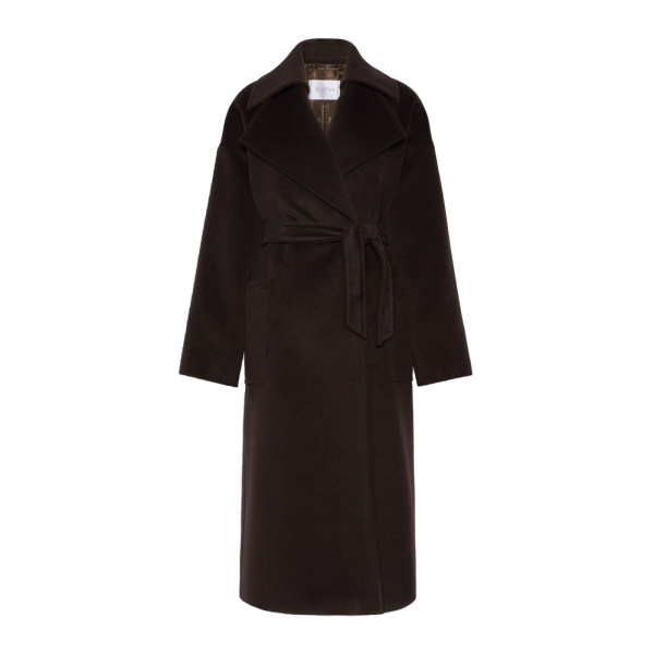 Max Mara Panda Wool, Alpaca and Cashmere Robe Coat in Dark Brown | Wool Coat | Coveti