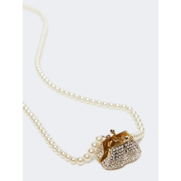 Max Mara Pasticcino Bag Pendant Pearl Necklace in Optical White | Necklace | Coveti