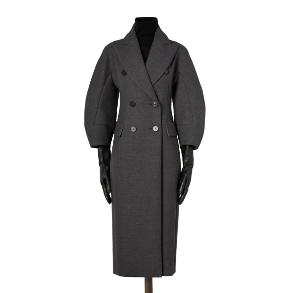 Patio Monsieur Double-Breasted Combed Wool Coat in Medium Grey