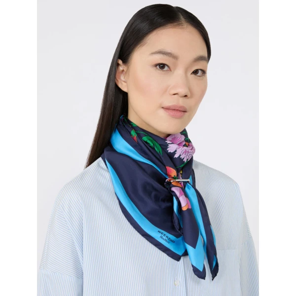 Max Mara Patterned Silk Twill Foulard in Midnight Blue | Scarves | Coveti