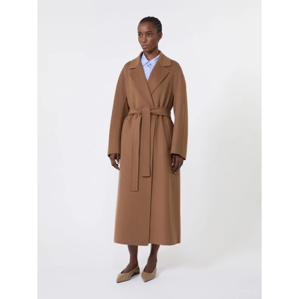 Max Mara Penelope Long Wool Drap Wrap Coat in Hazelnut Brown | Wool Coat | Coveti