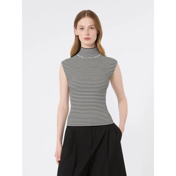 Max Mara Pepato Sleeveless Viscose Crepe Polo-Neck in Black and White | Turtlenecks | Coveti