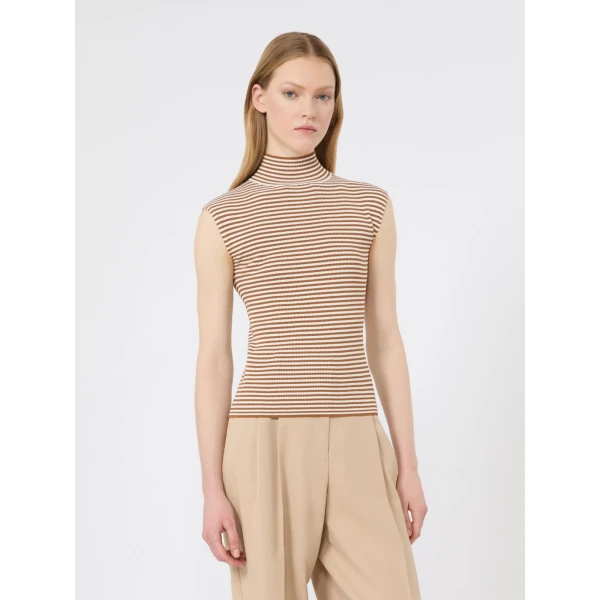 Max Mara Pepato Sleeveless Viscose Crepe Polo-Neck in Caramel | Turtlenecks | Coveti
