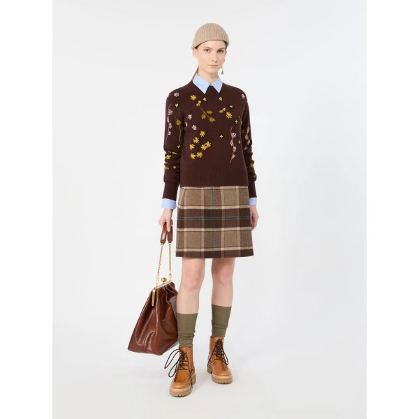 Max Mara Pesche Short Checked Wool Skirt in Brown | Mini Skirts | Coveti