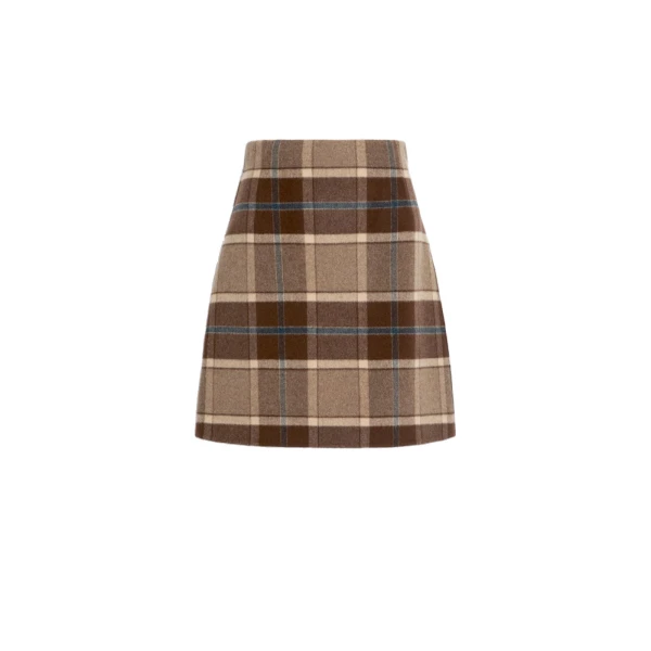 Max Mara Pesche Short Checked Wool Skirt in Brown | Mini Skirts | Coveti