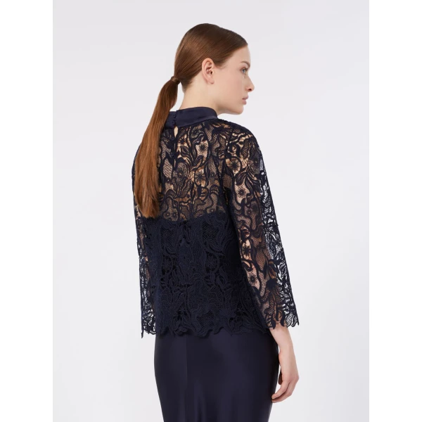 Max Mara Piovra Macrame Lace Blouse in Midnight Blue | Blouse | Coveti