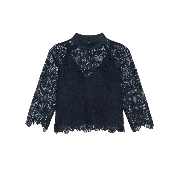 Max Mara Piovra Macrame Lace Blouse in Midnight Blue | Blouse | Coveti