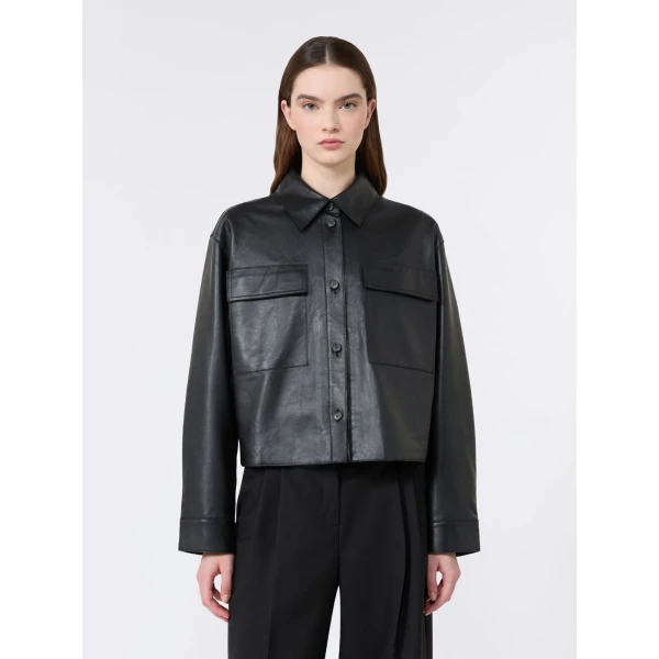 Max Mara Piovra Nappa Leather Shirt Jacket in Black | Leather Jackets | Coveti