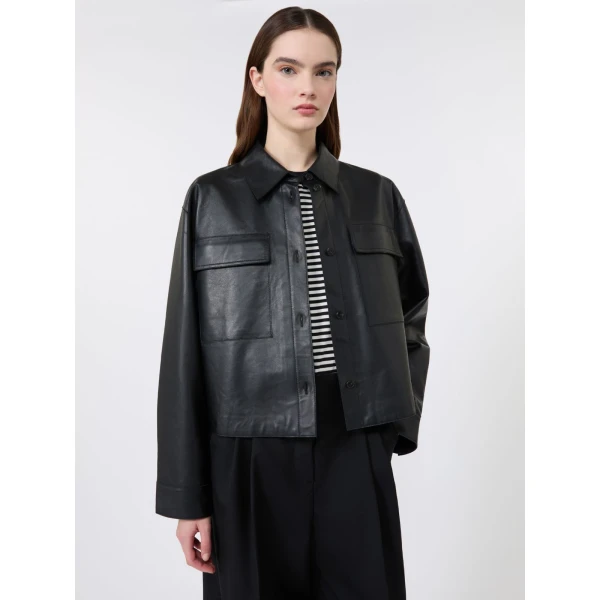 Max Mara Piovra Nappa Leather Shirt Jacket in Black | Leather Jackets | Coveti