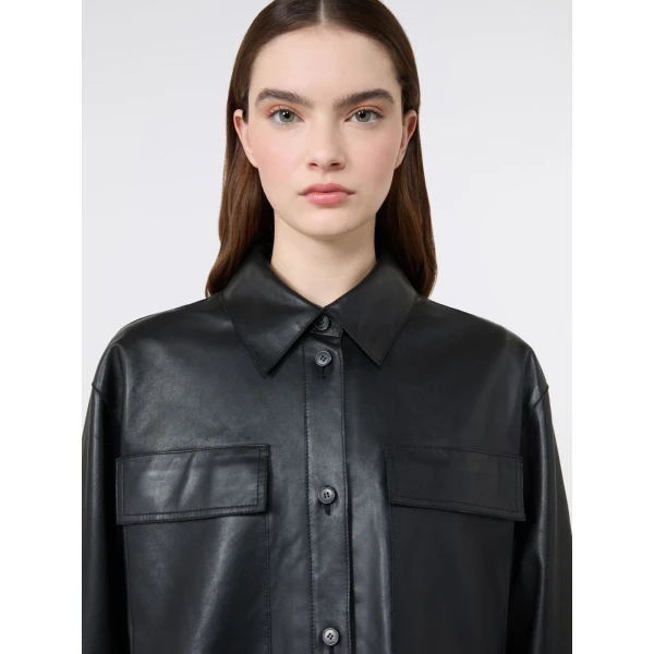 Max Mara Piovra Nappa Leather Shirt Jacket in Black | Leather Jackets | Coveti