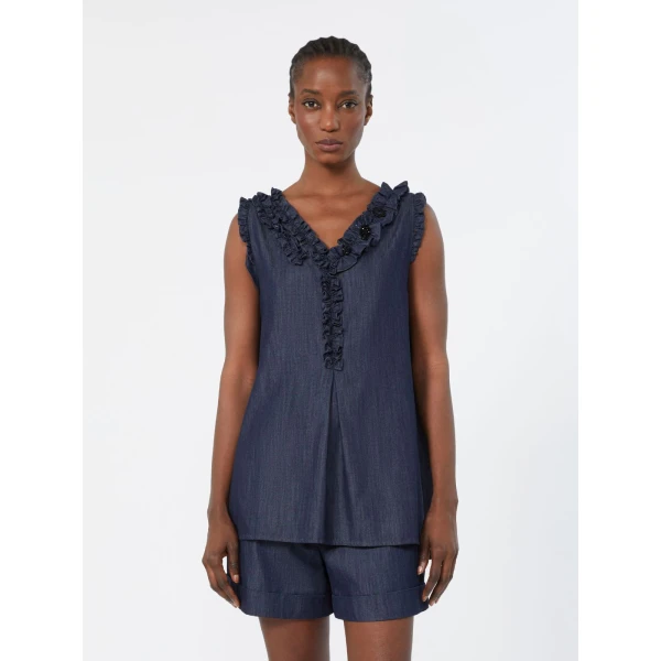 Max Mara Piuma Sleeveless Cotton Denim Top in Midnight Blue | Sleeveless | Coveti