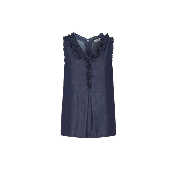 Max Mara Piuma Sleeveless Cotton Denim Top in Midnight Blue | Sleeveless | Coveti