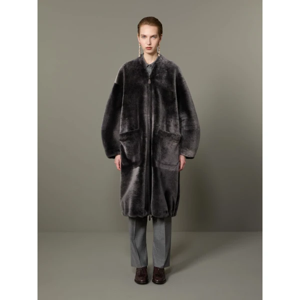 Max Mara Polis Reversible Shearling Parka in Medium Grey | Fur Coats | Coveti