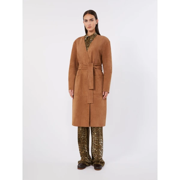 Max Mara Portici Suede Duster Coat in Camel | Leather Coats | Coveti