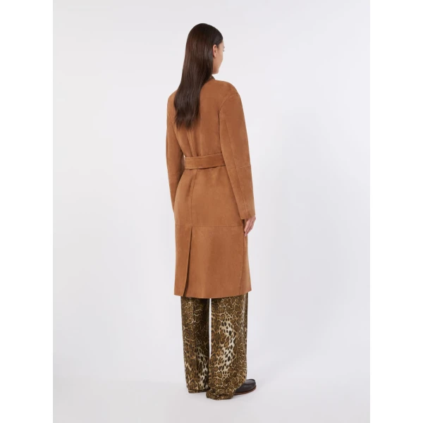 Max Mara Portici Suede Duster Coat in Camel | Leather Coats | Coveti
