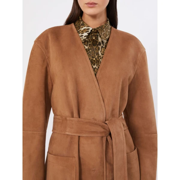Max Mara Portici Suede Duster Coat in Camel | Leather Coats | Coveti
