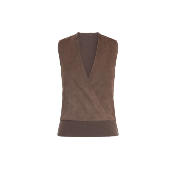 Max Mara Potenza Wool and Cashmere Knit Gilet in Mud | Sweaters | Coveti