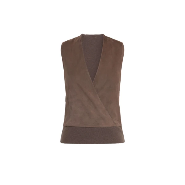 Max Mara Potenza Wool and Cashmere Knit Gilet in Mud | Sweaters | Coveti