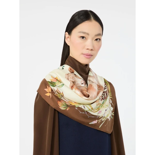 Max Mara Printed Silk Oversized Scarf in Beige | Scarves | Coveti