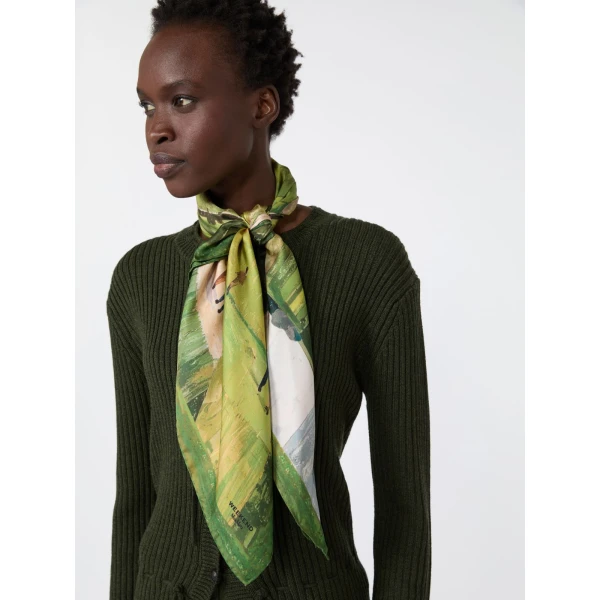 Max Mara Printed Silk Oversized Scarf in Dark Green | Scarves | Coveti