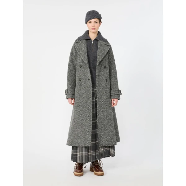Max Mara Prisma Tartan Wool Batavia Wrap Skirt in Dark Grey | Pleated Skirts | Coveti