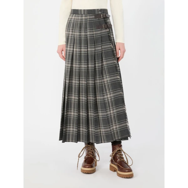 Max Mara Prisma Tartan Wool Batavia Wrap Skirt in Dark Grey | Pleated Skirts | Coveti