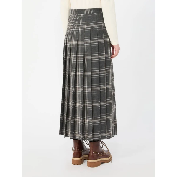 Max Mara Prisma Tartan Wool Batavia Wrap Skirt in Dark Grey | Pleated Skirts | Coveti