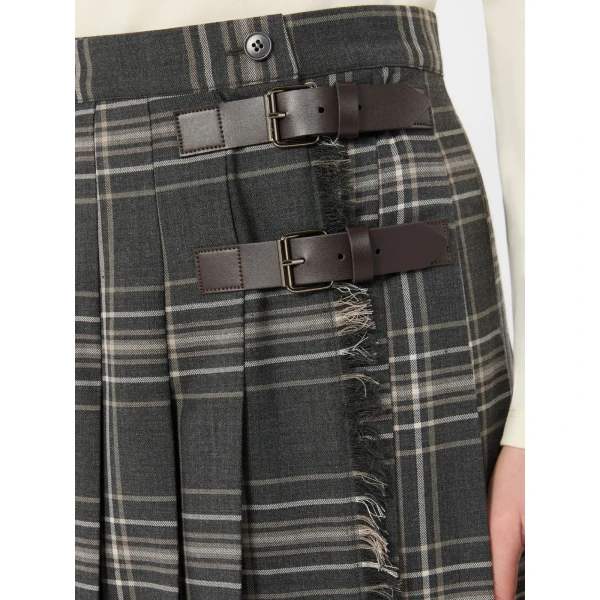 Max Mara Prisma Tartan Wool Batavia Wrap Skirt in Dark Grey | Pleated Skirts | Coveti