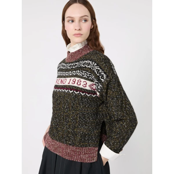 Max Mara Quota Jacquard Cable Crew Neck Jumper in Black | Sweaters | Coveti