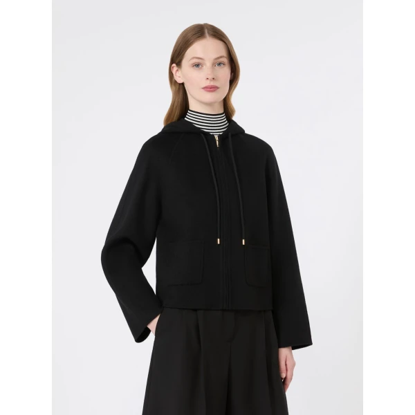 Max Mara Radente Wool, Cashmere and Silk Short Hooded Coat in Black | Wool Coat | Coveti