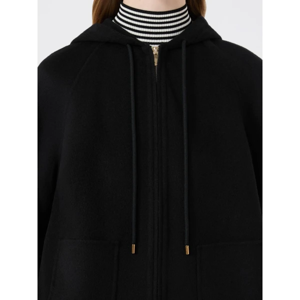 Max Mara Radente Wool, Cashmere and Silk Short Hooded Coat in Black | Wool Coat | Coveti