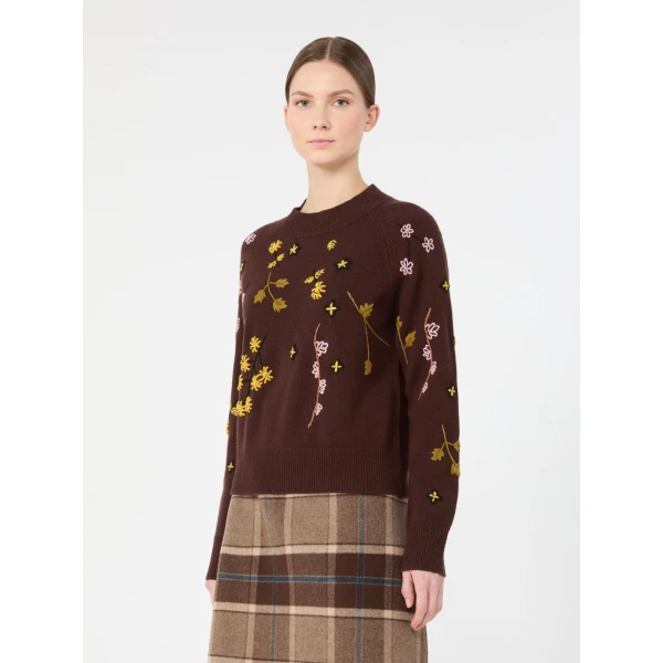 Max Mara Rafia Embroidered Wool Jumper in Dark Brown | Sweaters | Coveti