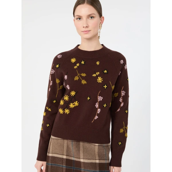 Max Mara Rafia Embroidered Wool Jumper in Dark Brown | Sweaters | Coveti