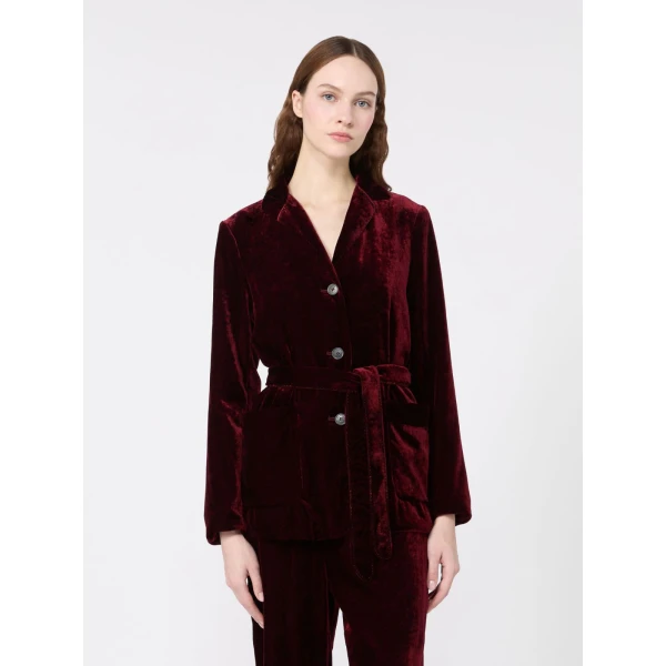 Max Mara Recente Velvet Belted Jacket in Bordeaux | Blazers | Coveti