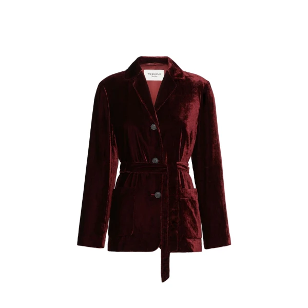 Recente Velvet Belted Jacket in Bordeaux