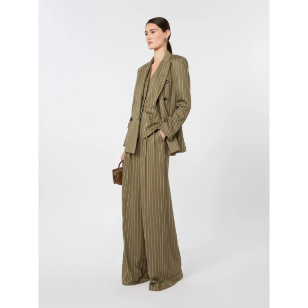 Max Mara Rio Pinstripe Jersey Trousers in Khaki | Wide leg pants | Coveti