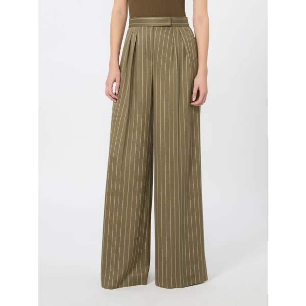 Max Mara Rio Pinstripe Jersey Trousers in Khaki | Wide leg pants | Coveti