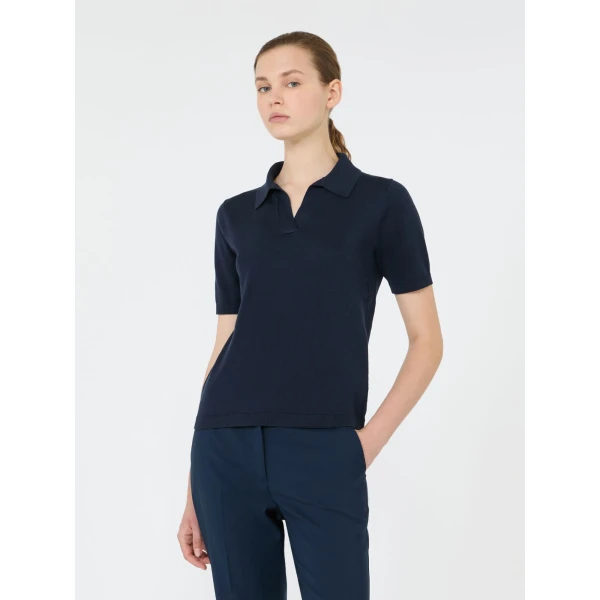 Max Mara Roncolo Silk and Cotton Polo Jumper in Navy | Sweaters | Coveti