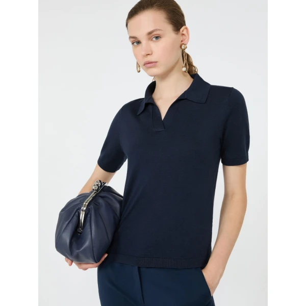 Max Mara Roncolo Silk and Cotton Polo Jumper in Navy | Sweaters | Coveti