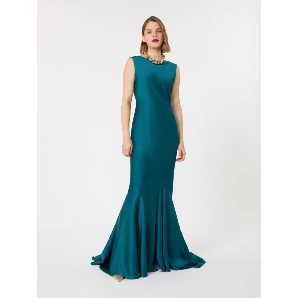 Max Mara Rum Long Envers Satin Gown in Oil Green | Evening Gowns | Coveti