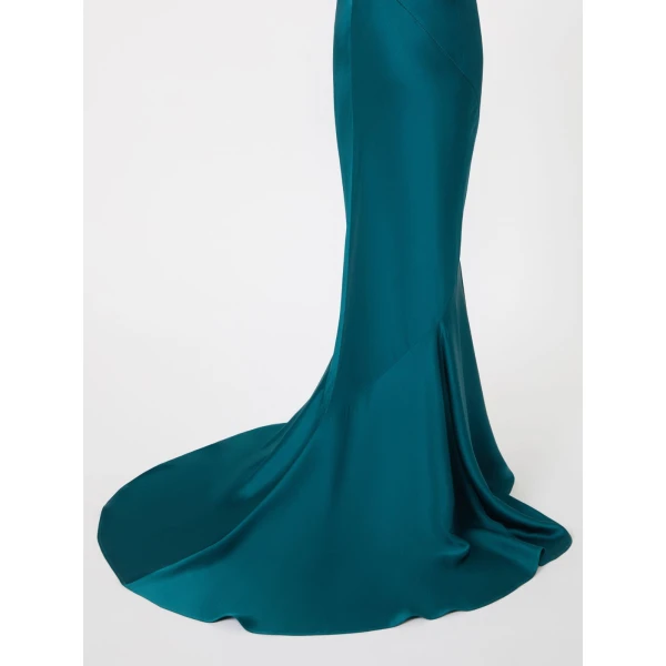 Max Mara Rum Long Envers Satin Gown in Oil Green | Evening Gowns | Coveti
