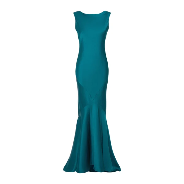 Max Mara Rum Long Envers Satin Gown in Oil Green | Evening Gowns | Coveti
