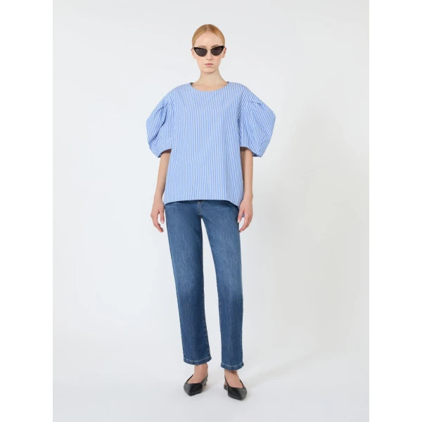 Max Mara Sabrina Cotton Poplin Balloon-Sleeve Blouse in Light Blue | Blouse | Coveti