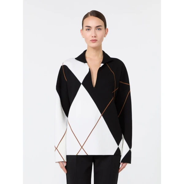 Max Mara Sala Relaxed-Cut Argyle Wool Sweater in White Black | Sweaters | Coveti