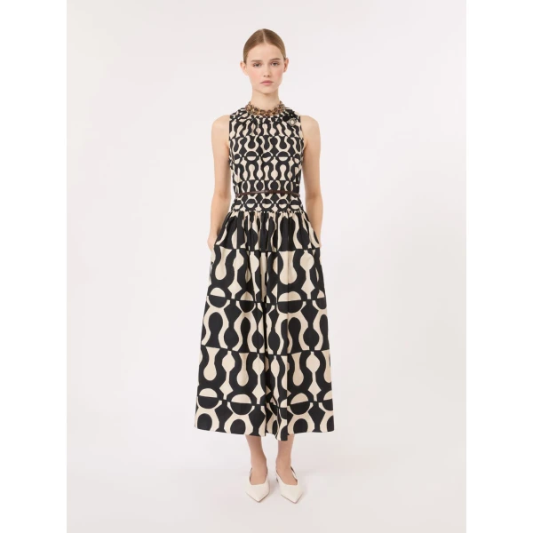 Max Mara Salato Printed Cotton Poplin Dress in Black | Midi Dresses | Coveti