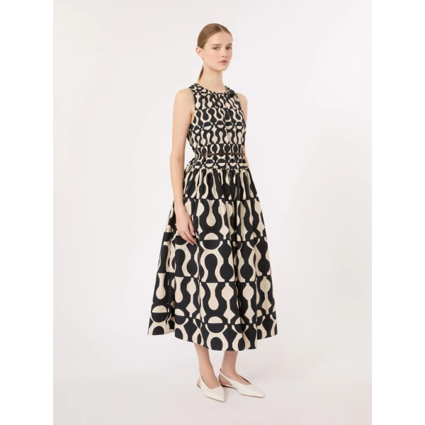 Max Mara Salato Printed Cotton Poplin Dress in Black | Midi Dresses | Coveti